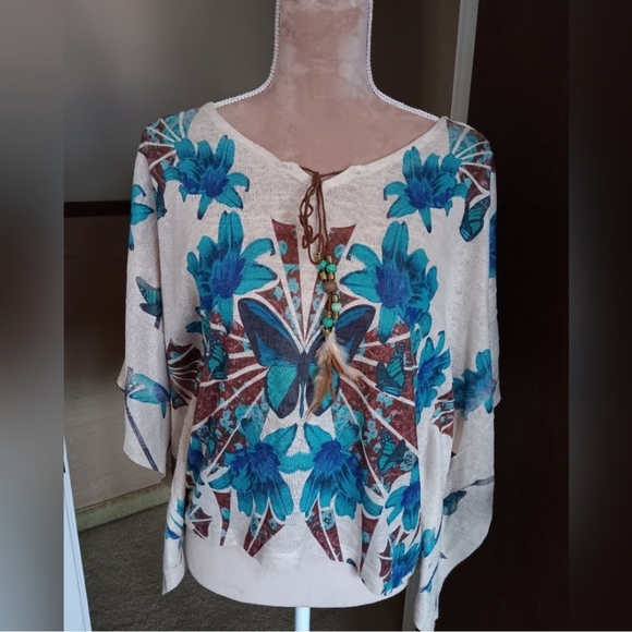 Unbranded~Blue & Brown Floral Butterfly Top Bat Wing Sleeves Feather Beaded Tie - Picture 2 of 15